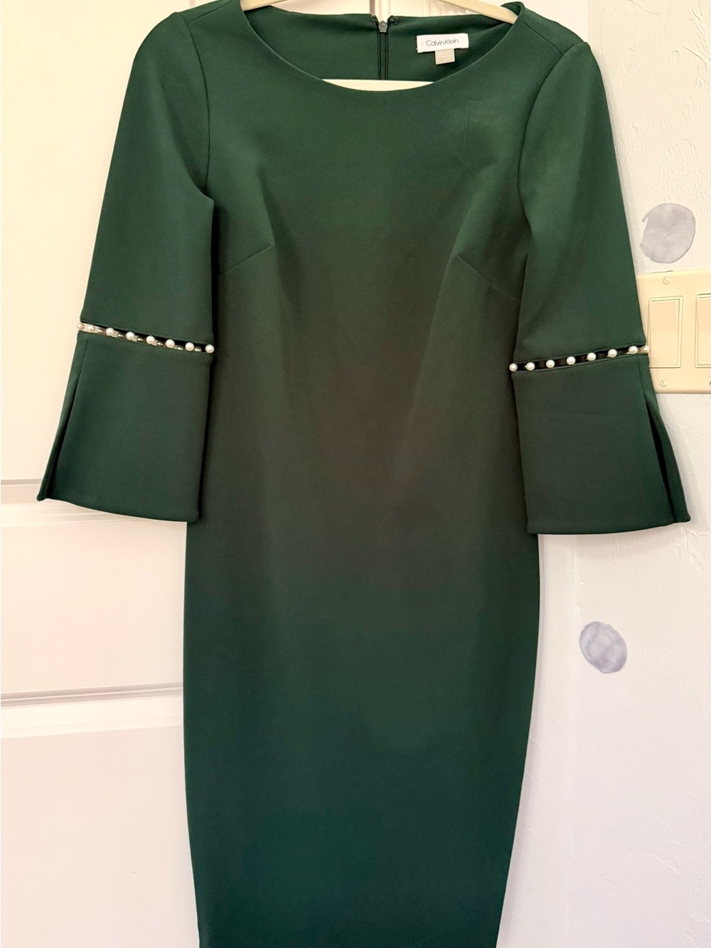 Calvin Klein Dark Green Midi Sheath Dress with Pearl-Trim Sleeves